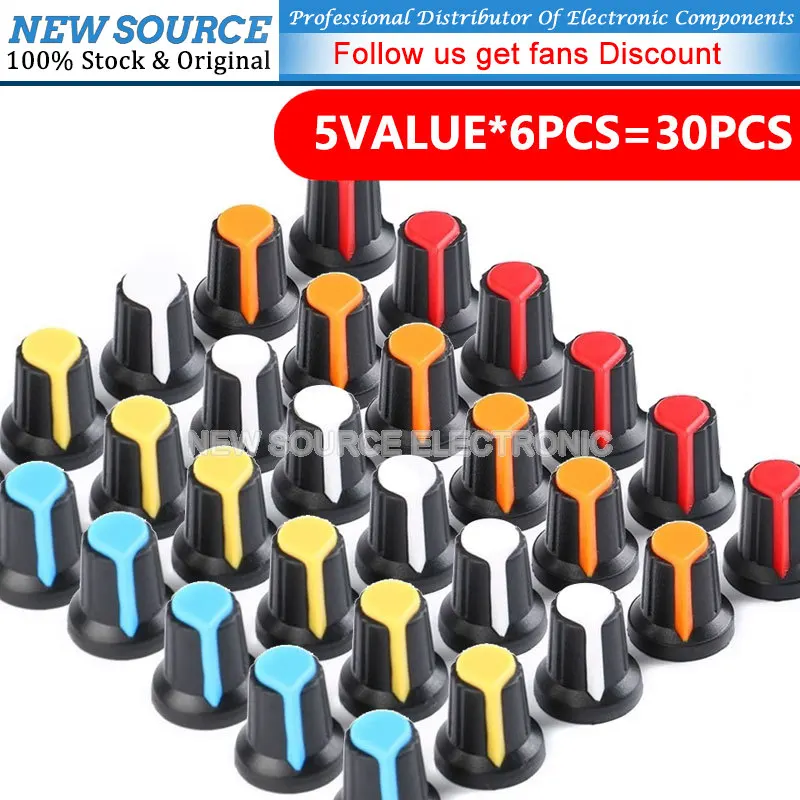 

5value*6PCS=30PCS WH148 Potentiometer Knob Cap(copper Core) 15X17mm AG2 Yellow Orange Blue White Red NewSource