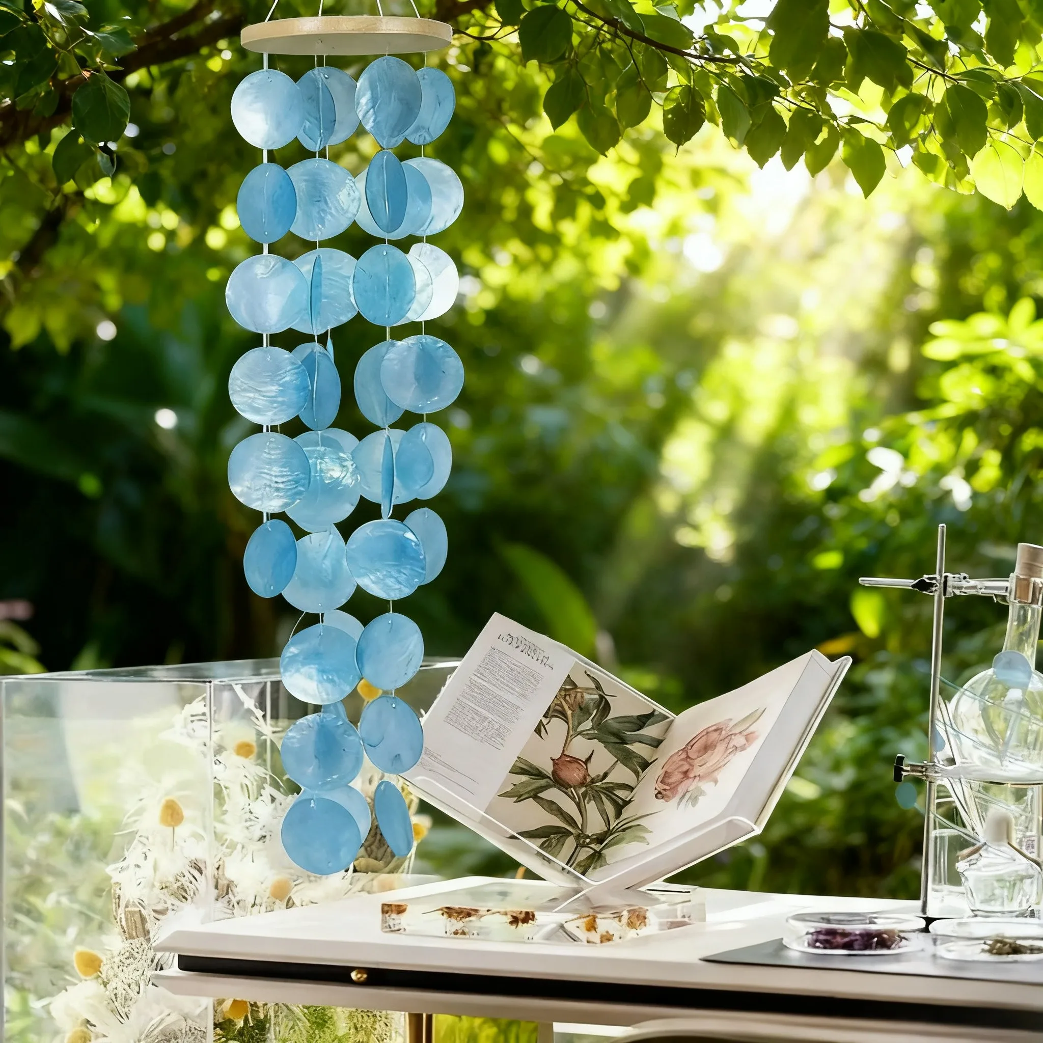 28in Coastal Style Wind Chime Made from Real Capiz Shells for Outdoor Spaces Seeking Tranquil Natural Ambience