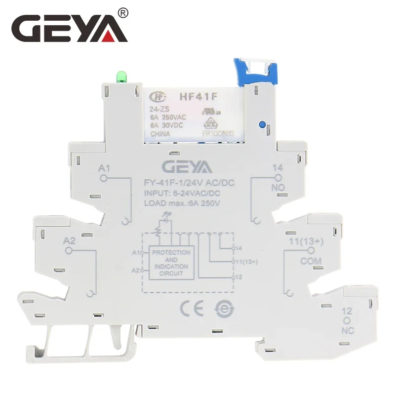 GEYA FY-41F-1 Din Rail Slim Relay Module Protection Circuit 6A Relay 12VDC/AC or 24VDC/AC Relay Socket 6.2mm thickness