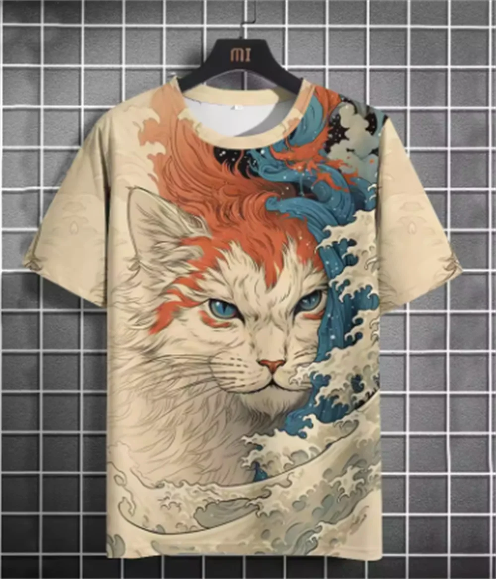 Summer short sleeve T-shirt Harajuku printed cat print men's O-neck loose pullover fashion streetwear menswear