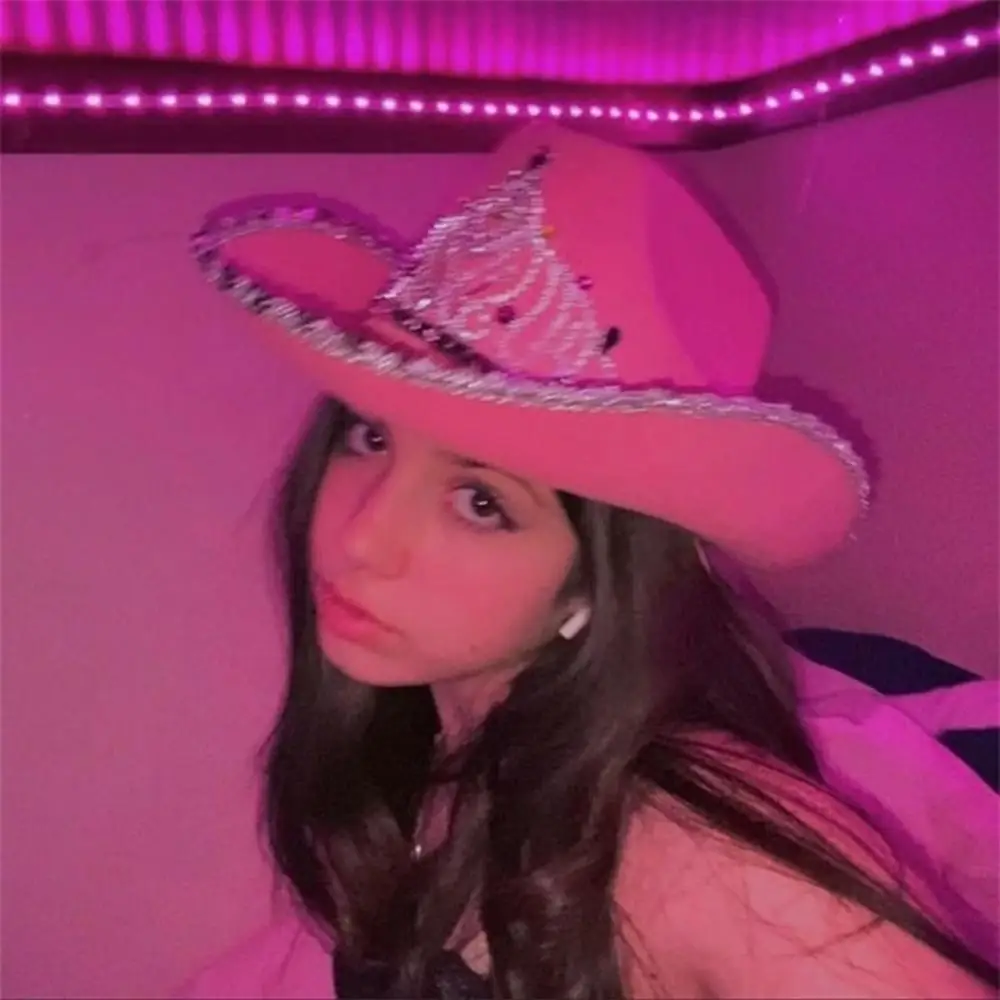 Pink West Cowgirl Hat for Women Girls Tiara Feather Felt Western Sequin Cowboy Cap Costume Party Dress Jazz Caps Cosplay Props