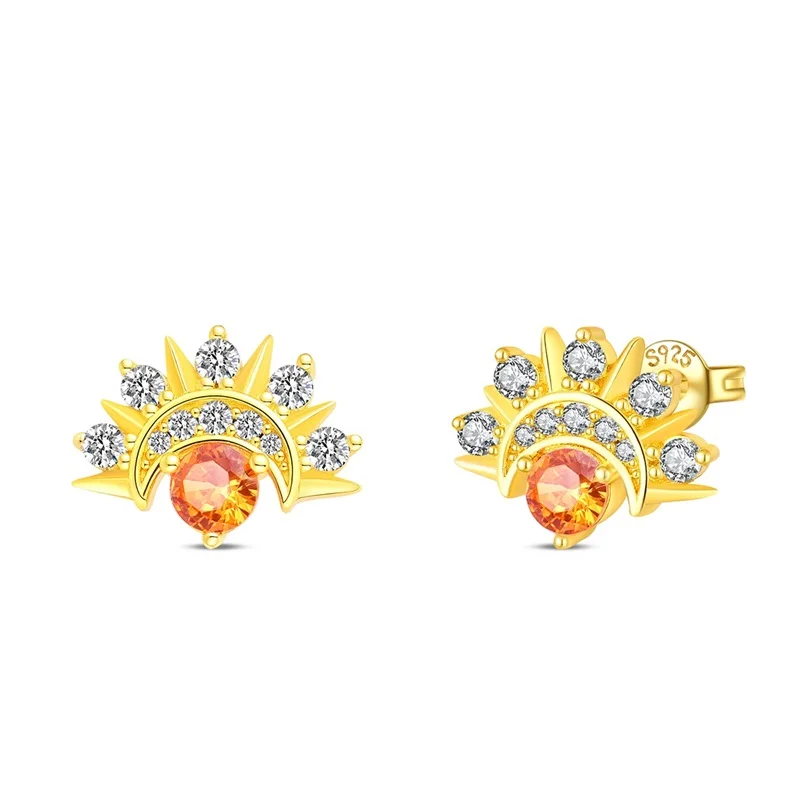 New 925 Sterling Silver Gold Sun Stud Earrings Sparkling Zircon Earrings For Women Fine Birthday Anniversary Jewelry Gifts