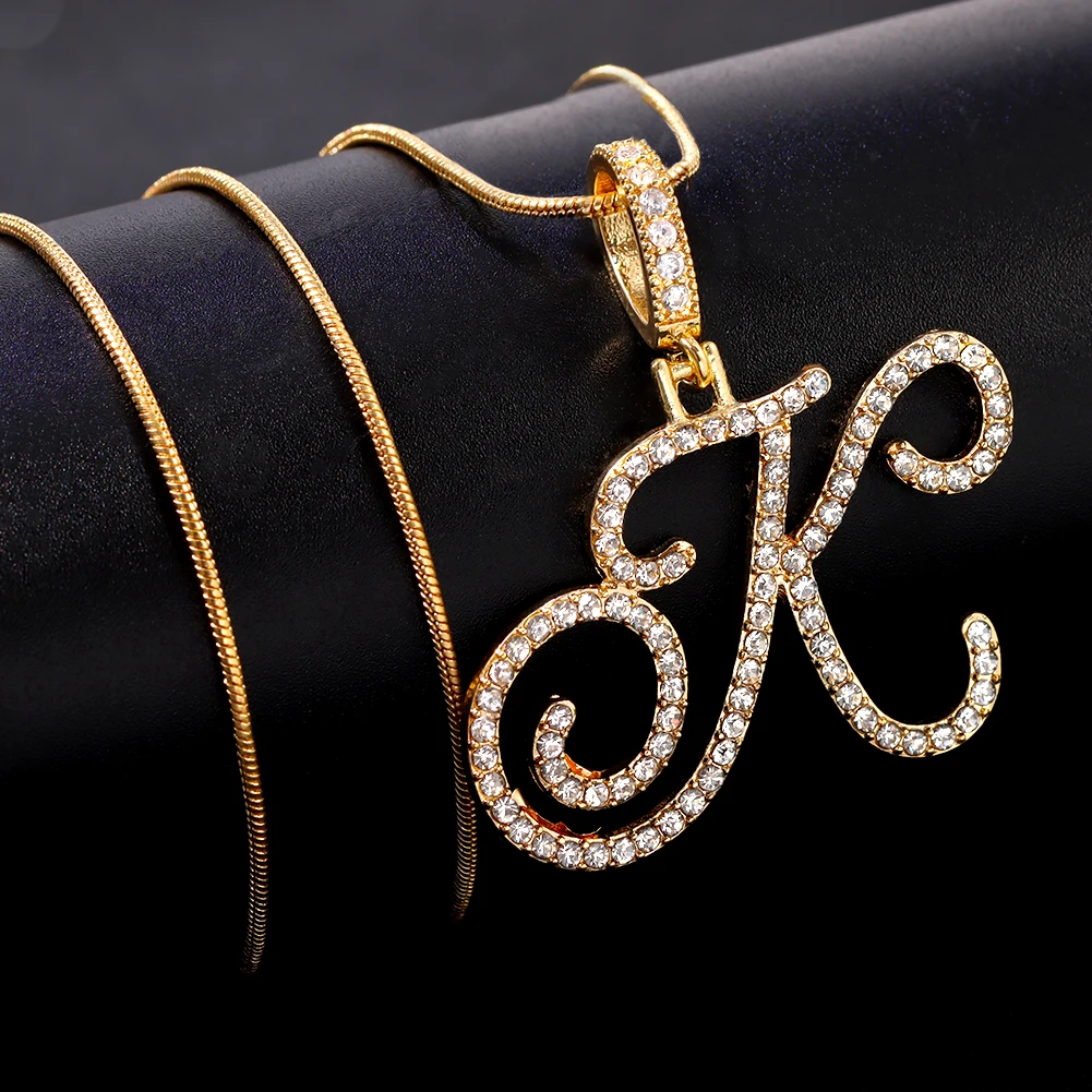 Hot A-Z Initial Cursive Letters Pendant Necklace For Women Gold Silver Color Shiny Rhinestone Metal Chain Necklace Jewelry Gift