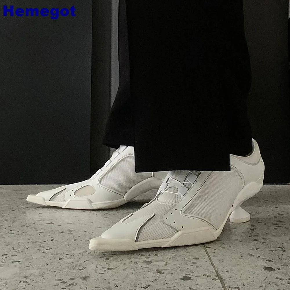 

Pointed Toe Weird Heel Pumps 2024 Summer New Mesh Splicing Sports Casual Shoes Black/white Street Style Fashion Women's Pumps