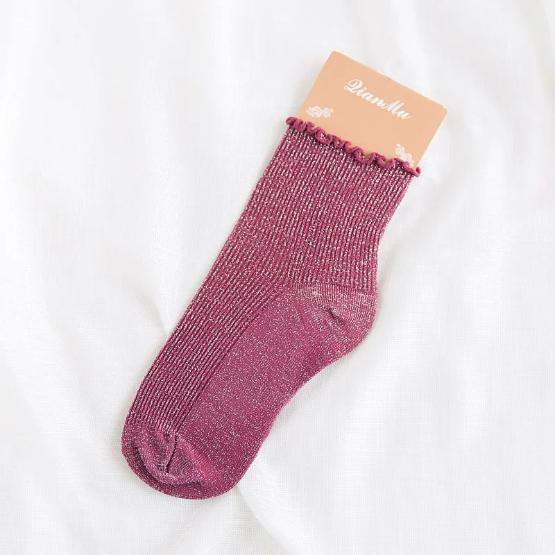 New Japanese pile socks with gold, silver, silk, wood, ear lace, women's socks with velvet, firm stripes, mid tube socks, women'