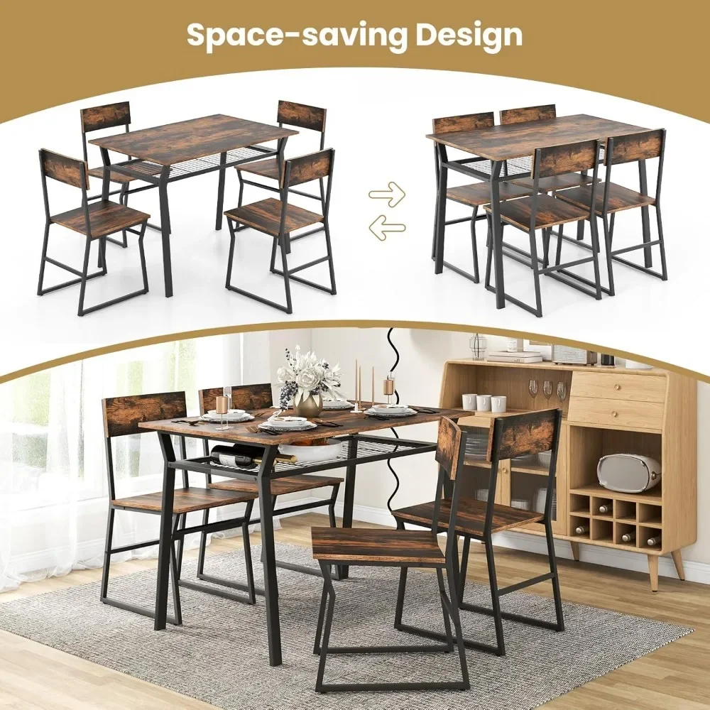 Conjunto de mesa de jantar de 5 peças, conjunto de jantar para 4 com estrutura de metal resistente, rack de armazenamento, conjunto de 4 cadeiras para sala de jantar, marrom rústico