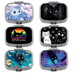 Cute Cat Pattern Metal Medicine Box with 2 Compartments Portable Travel Sealed Small Pill Organizer Container Storage
