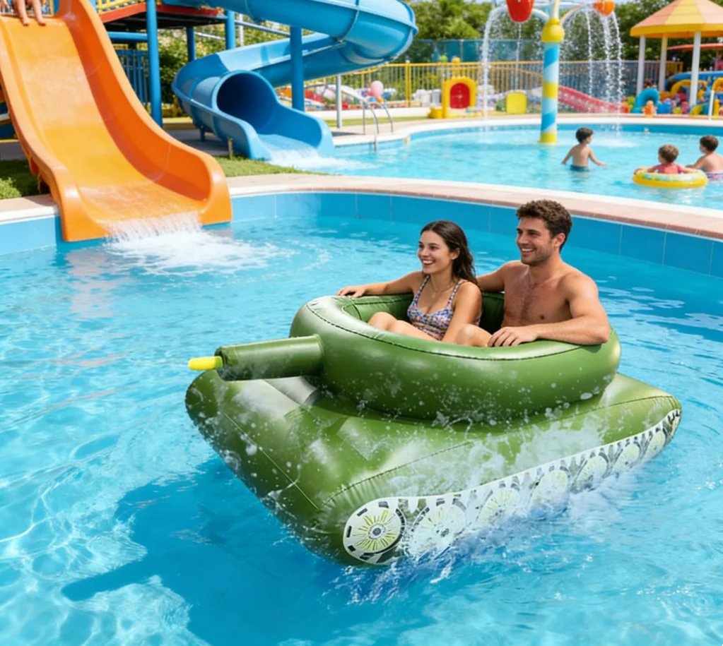 夏のインフレータブルタンク型プールフロート、水鉄砲付きウォータースプレーフローティングシート、屋外用乗用プールトイ