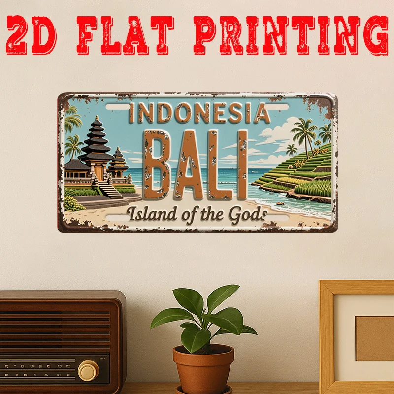 2D Flat 1pc, Vintage Aluminum  Sign, Decorative Plaque And Signboard, Bali Sign, Retro Wall Art of Temples And Rice Terraces