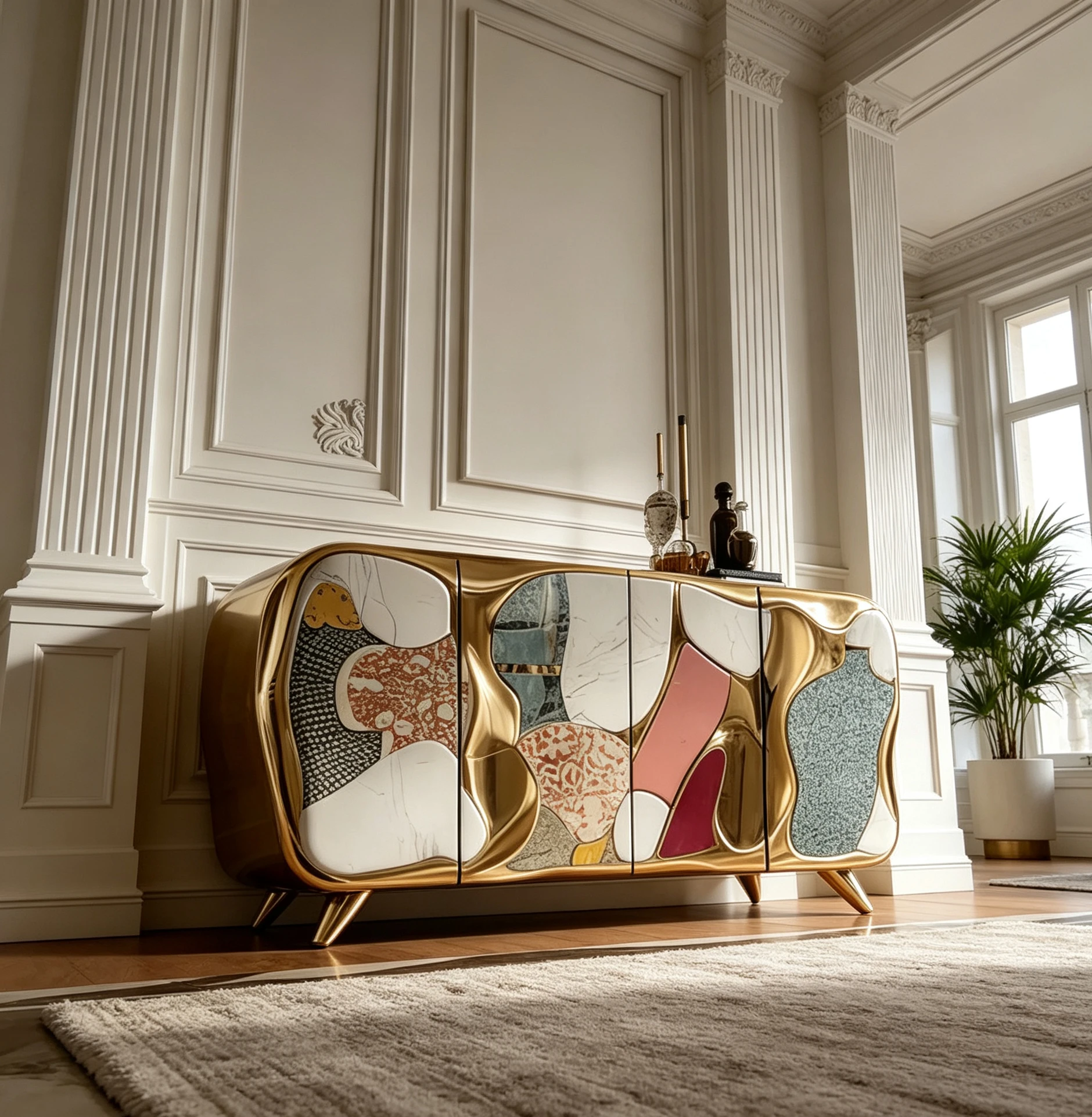 M*-Multicolor Patchwork Panel Fiberglass Low Sideboard Curved Gold Frame 4 Door Tapered Legs