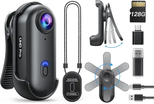 BOBLOV W4 Mini cámara corporal 1080P HD 128GB, cámara portátil de grabación de 2 horas, manos libres ligeras para caminar al aire libre y con mascotas