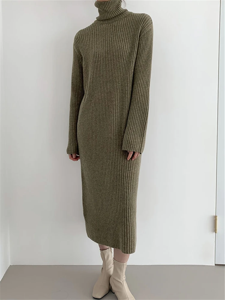 

Thicken Turtleneck Loose Knitted Women's Dresses Solid Autumn Winter Solid Full Sleeve Knitwear Long Sweater Dresses 2022 New