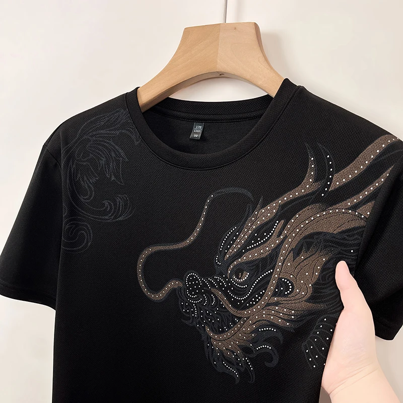 Summer Trendy Dragon Pattern Hot Drill Printing Round Neck Short-sleeved T-shirt for Men Designer Style New Casual Versatile Top