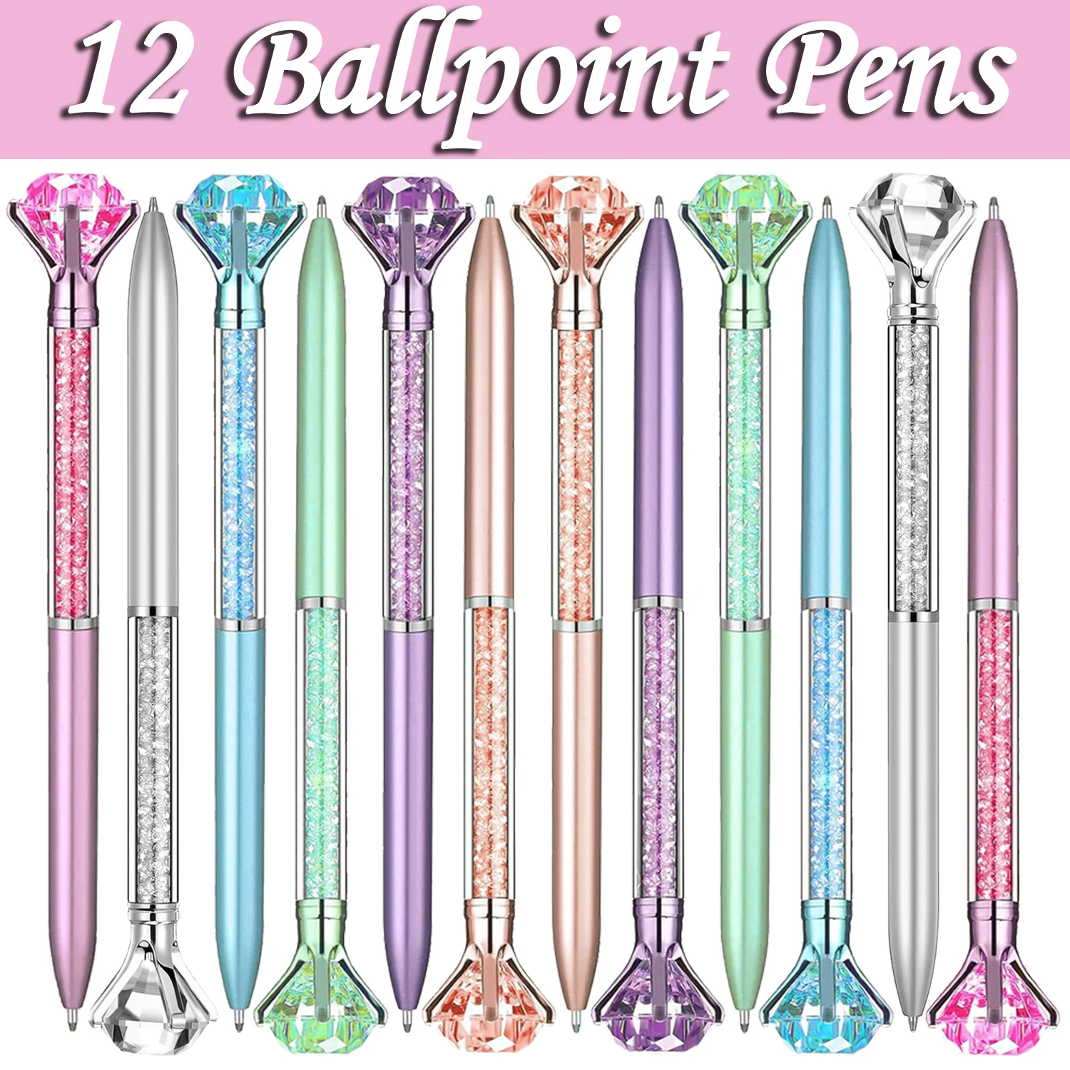 

12Pcs Big Diamond Ballpoint Pen Rotating Ball Pens Quicksand Rotary Ball Pens Crystal Gem Ballpoint Pens Student Prize