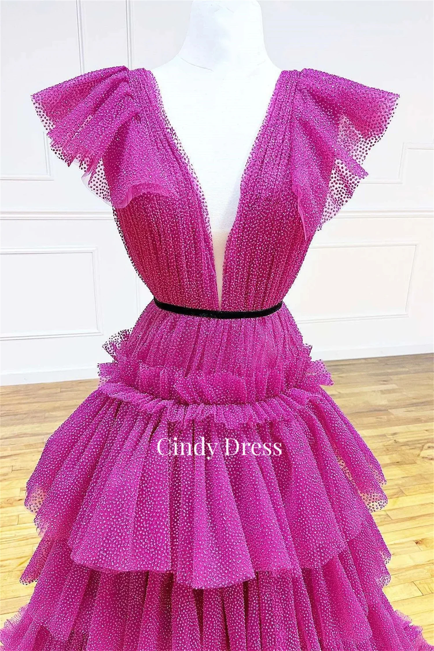 Cindy Fuchsia Shiny Layered V-Neck Sharon Happy Dress 2023 Gala Party Turkey Customs Products Women Evening Female Wedding Gown