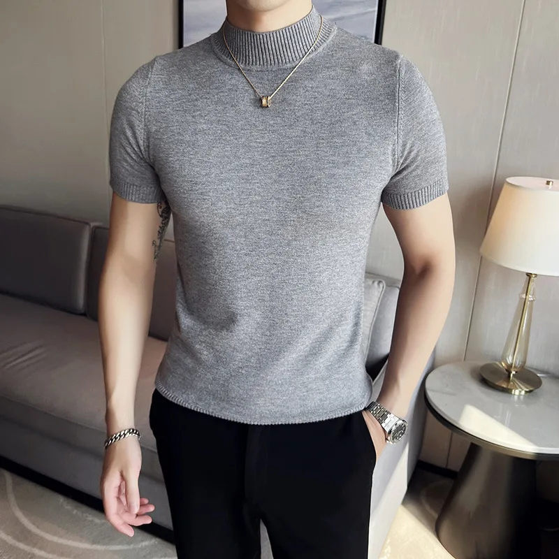 Autumn Winter Short Sleeve Sweater Men Solid Color Knitted Shirt Trendy Round Neck Base Shirt Half Sleeve Top Half High