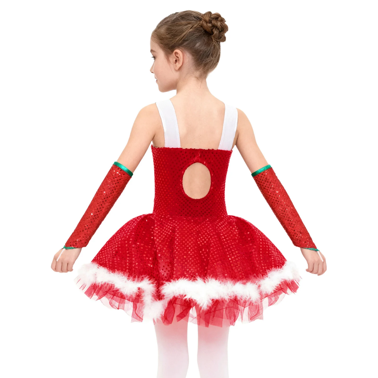 الفتيات عيد الميلاد قزم ثلج زي عطلة السنة الجديدة حفلة لامعة الترتر الباليه الرقص الشكل التزلج فستان ثياب بأكمام #4