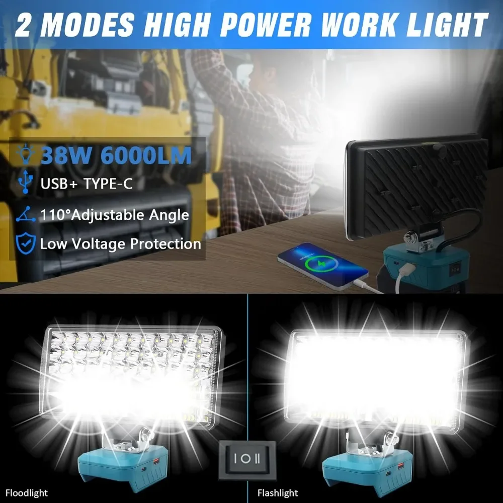 38W 6000LM LED Work Light Flashlight Spotlight for Makita 18v Battery Cordless Work Light for Camping Emergency Lights