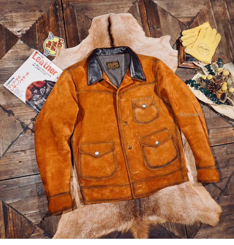 Retro Short Style Leather Cloth.Natural Cow Suede Leather Jacket,Plus American West Vintage Casual Leather Coat.