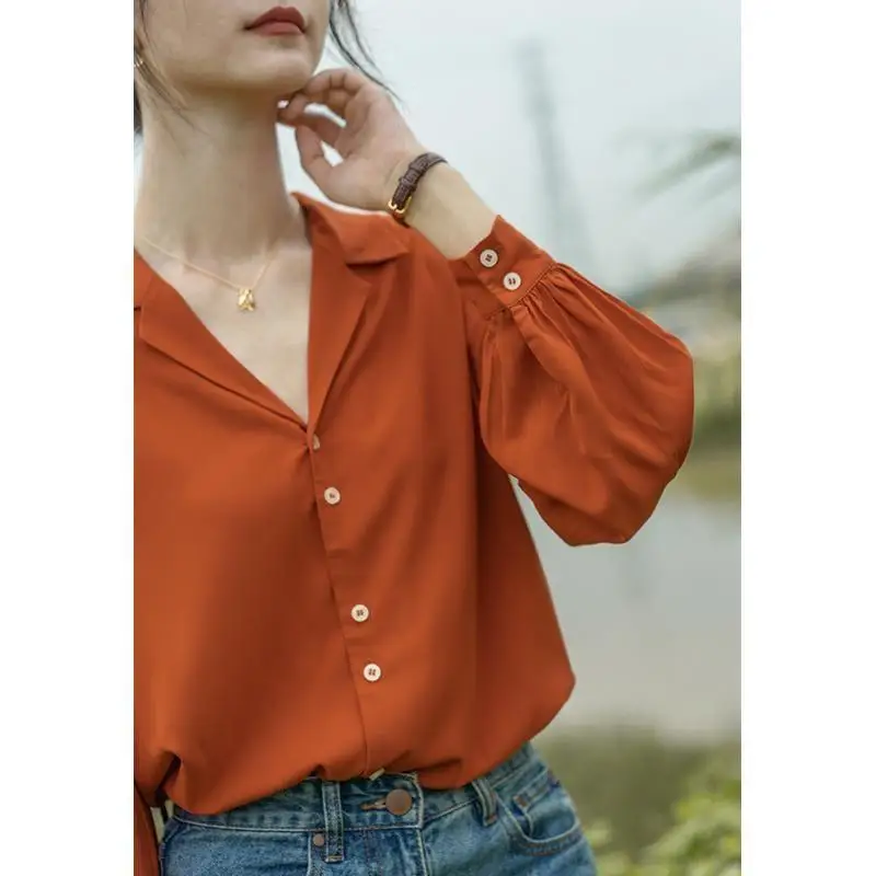 2024 New Autumn Woman\'s Shirt Basic Casual Leisure Fashion V-neck Niche HongKong Retro Style Chiffon Top Puff Sleeve Generous