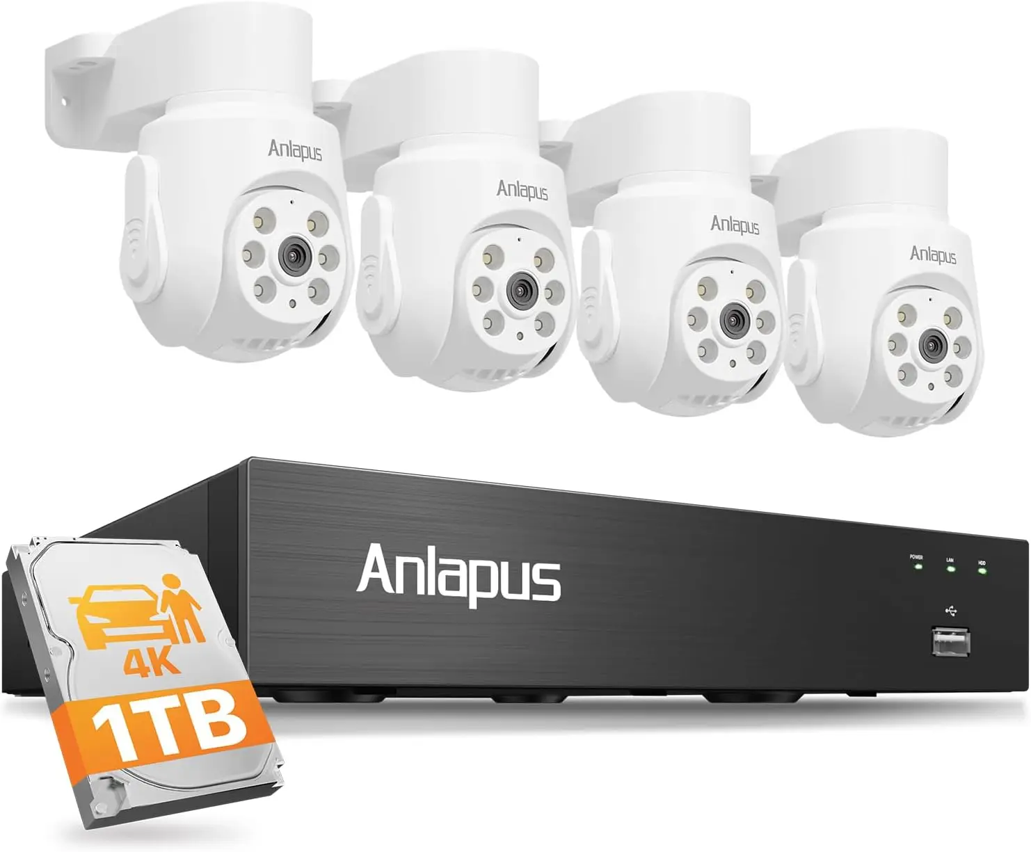 8MP 4K Wired Security Camera System, 4x 360° Pan/Tilt Indoor Outdoor Cameras, Human & Vehicle Detection, Night Vision, 8-Channel CCTV DVR with 1TB HDD for 24/7 Audio & Video Recording