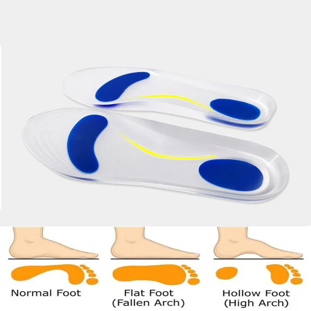 Sol dalam silikon ortopedi untuk sepatu pria dan wanita, Sol dalam penopang lengkungan kaki datar, penyerap guncangan Plantar Fasciitis