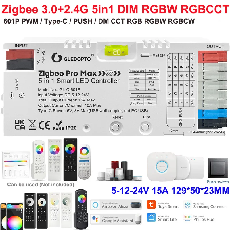 1-10GLEDOPTO Zigbee 3.0 Smart 5 in1 LED Controller DIMMER WW/CW RGB RGBWCCT Strips Works with 3.0 Hubs AC Triac Dimmer Alexa/APP image 3