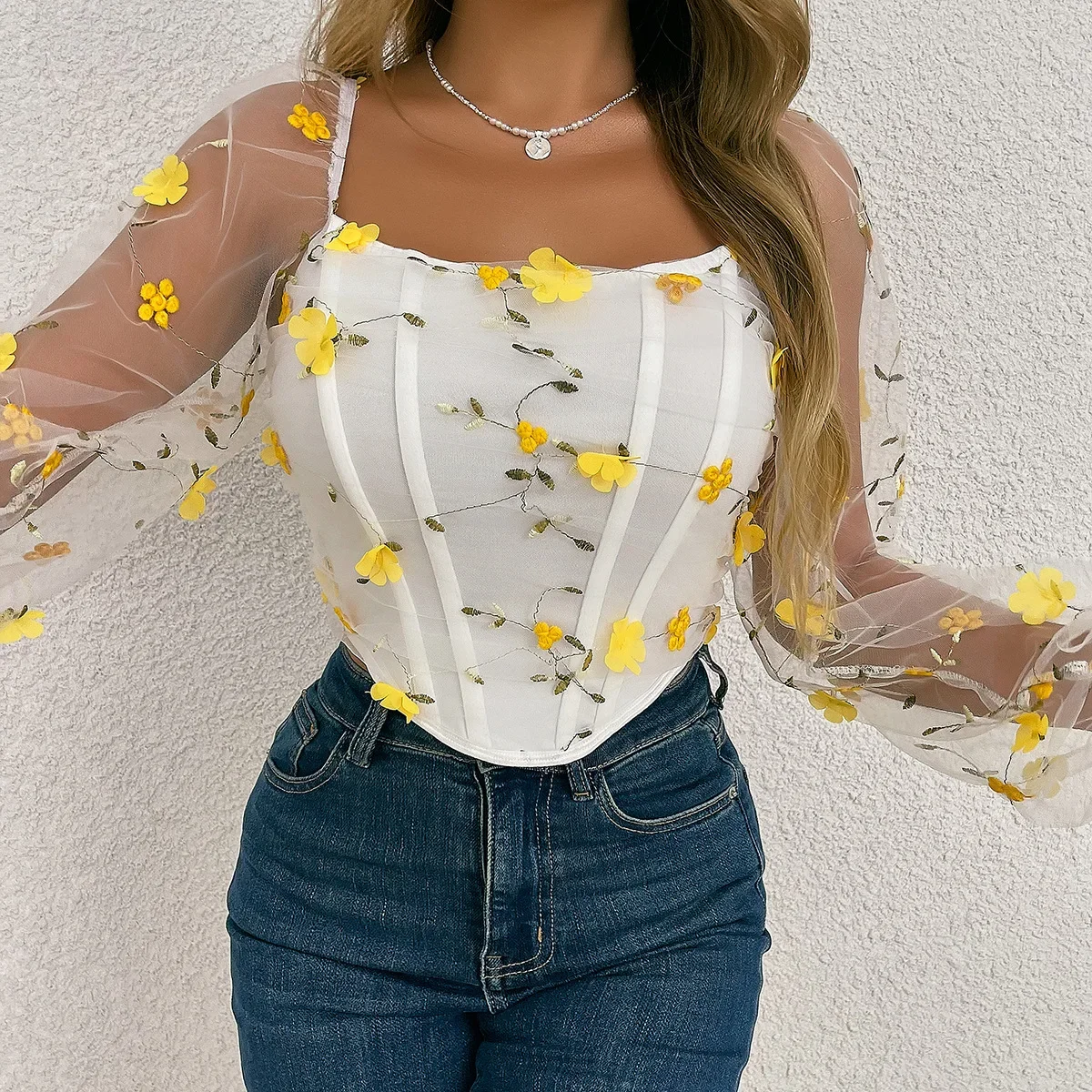 

Women's Vintage Clothing Sexy Mesh Long Sleeve Embroidery Bustier Corset T-shirt Blouses See-through Corset Bodyshaper Crop Top