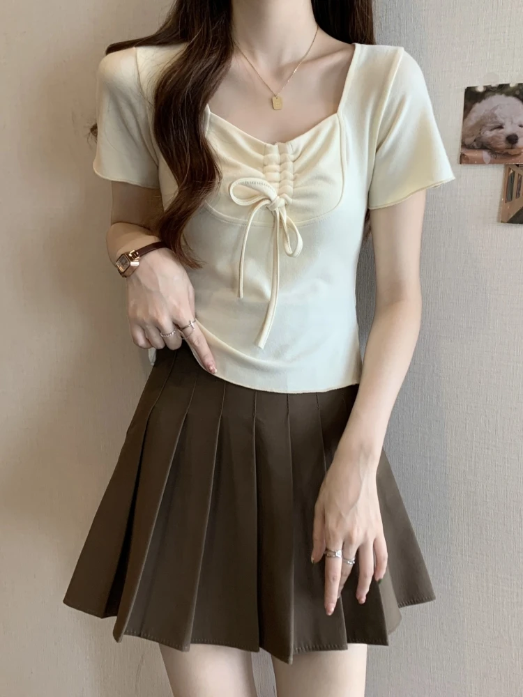 Women's Short Sleeve T-Shirt Shoulder Width Regular Square Collar Slimming Sweet And Gentle Style Summer Fashion Casual Top