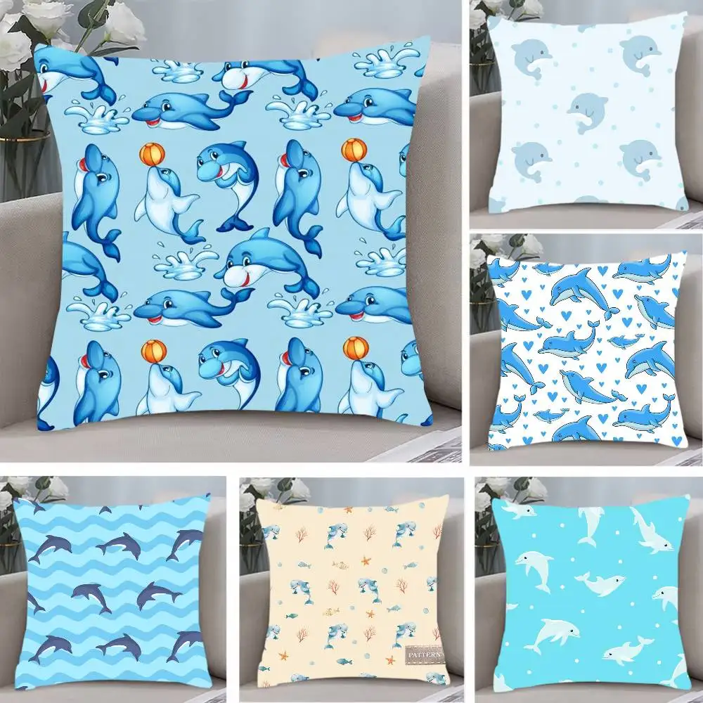 

Cute Dolphin Pattern Pillow Case Anti-dustmite Pillowcase Invisible Zipper Silky Short Plush Sofa Cushion Cover