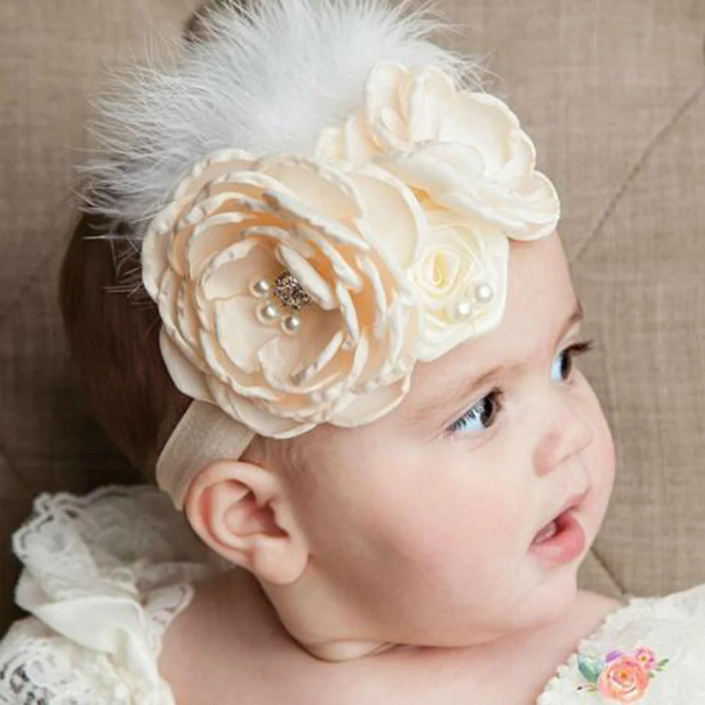 Lace Headband Baby Satin Flower Headband Baby Girl Headwraps Newborn Photo Props Diamond Pearl Feather Wedding Headband for Baby