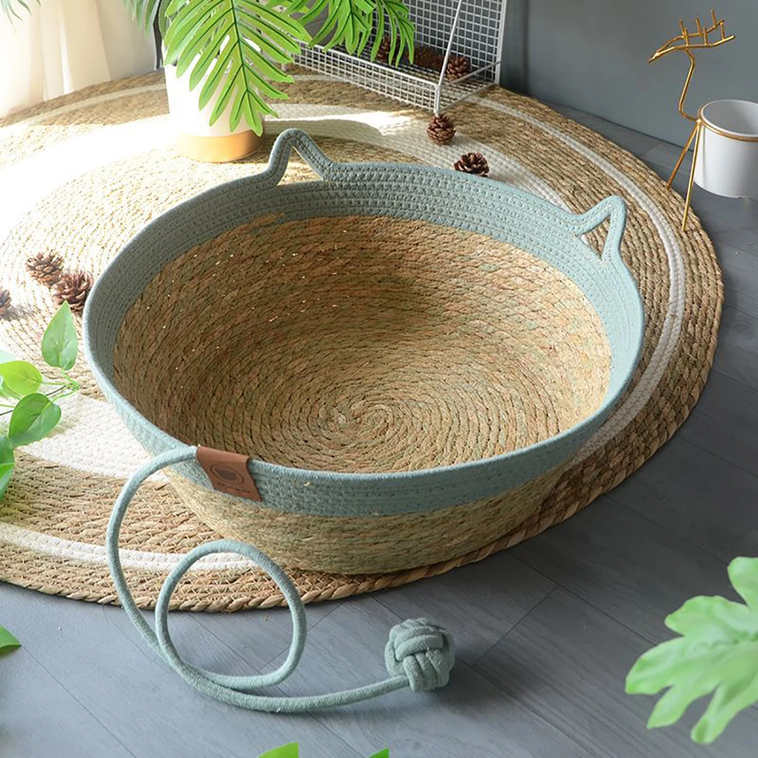 Cat Bed House Dog Kennel Rattan Straw Plaited Kitten Cushion Basket Tent Scratching Board Ball Puppy Nest Mat Indoor Pet Supply