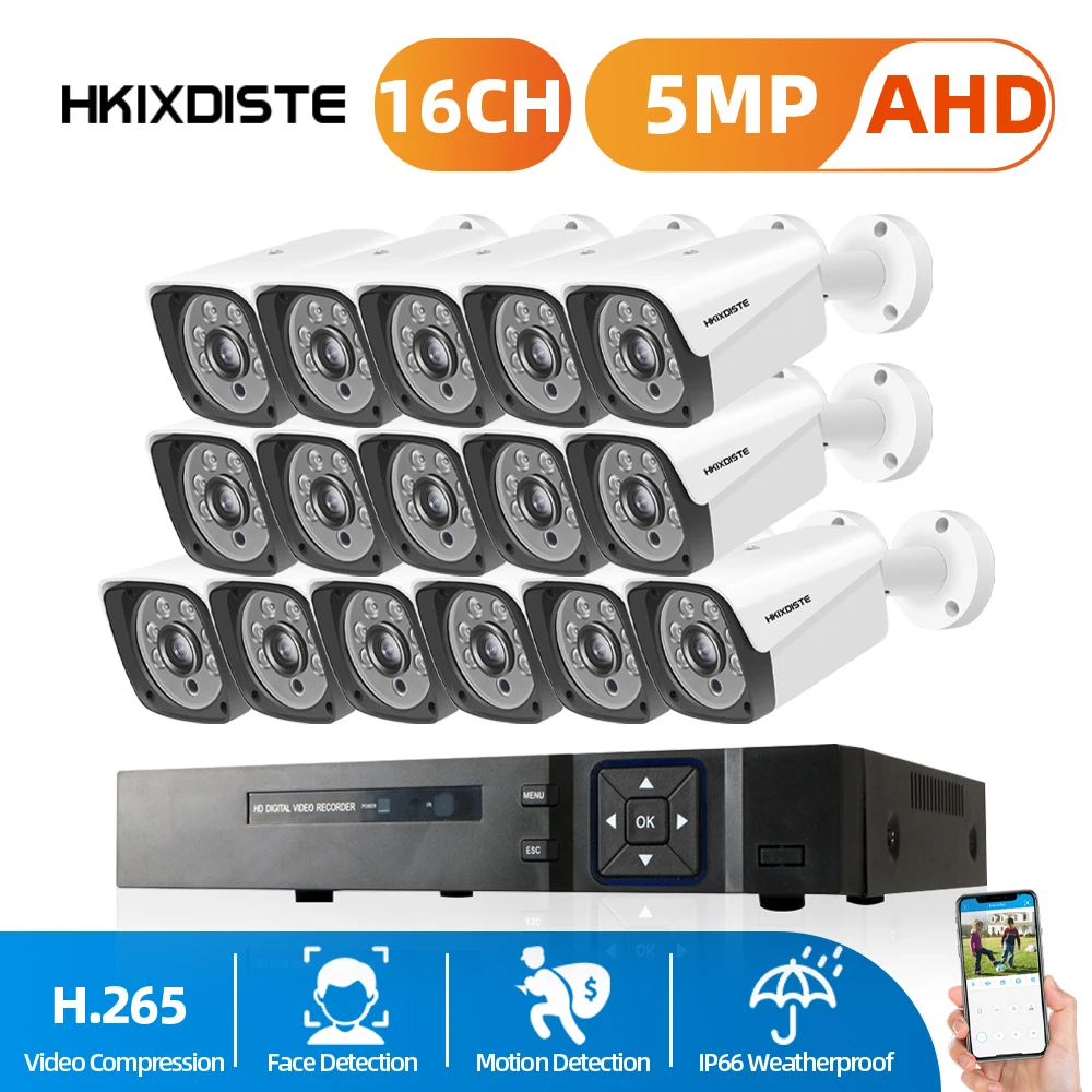 

Комплект 16-канальной AHD DVR/NVR системы видеонаблюдения с 5-мегапиксельными уличными водонепроницаемыми камерами и 8-канальной системой распознавания лиц