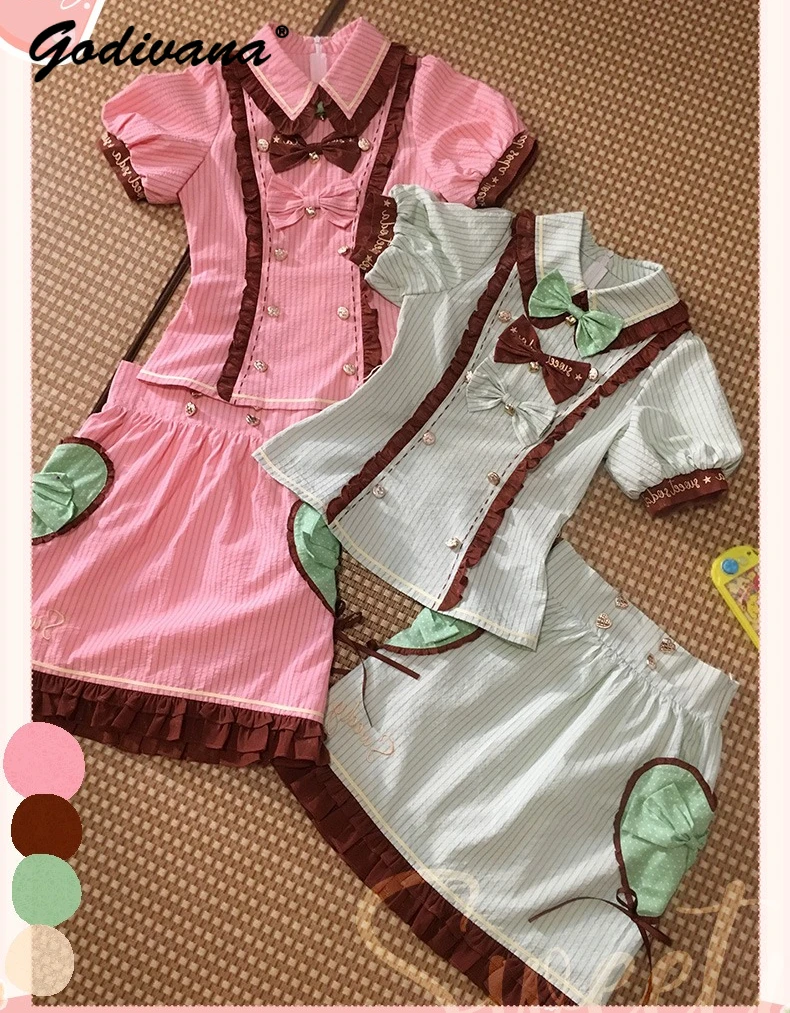 

American Retro Sweetheart Summer Y2K Girls Striped Skirt Suits Girl Women's Sweet Bow Short Sleeve Shirt Top and Skirt