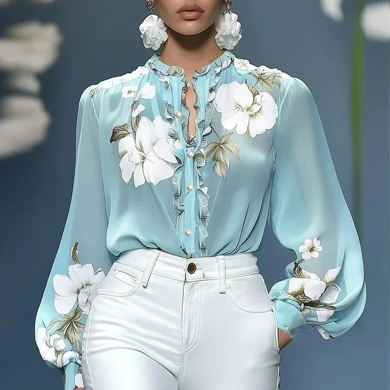 중국 스타일 블라우스 여성 캐주얼 플로럴 프린트 O넥 버튼 오피스 탑 셔츠 가을 신상 퍼프 롱 슬리브 여성 의류 블루사