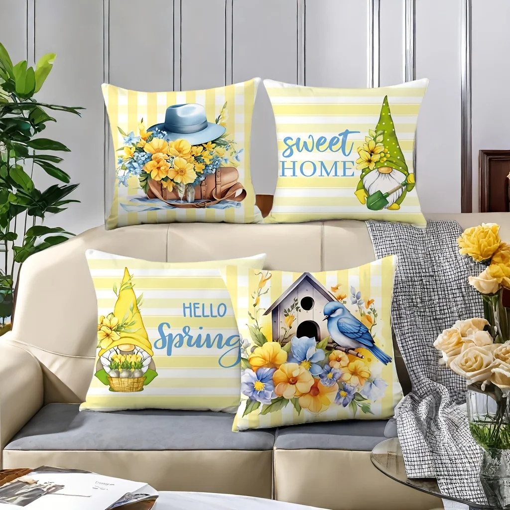 1/4pcs Floral and Gnome Patterned Pillowcases Sweet Home Hello Spring Decor Sofa cushion cover home bedroom room decoration