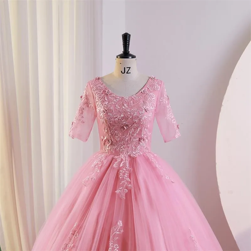 Roze Vestidos Sweet Quinceanera Jurken Met Korte Mouwen Baljurk Luxe Kanten Feestjurk Klassieke Galajurk 2023 Zomer Nieuw