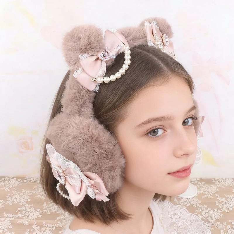 

Модные плюшевые наушники-грелки в стиле Лолита с милым бантом ручной работы и цепочкой из бусин – зимний аксессуар