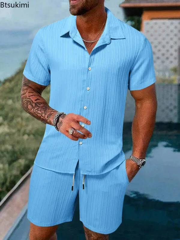 Conjuntos de estilo playero para hombre, camisas de manga corta y pantalones cortos con textura de tira de alta calidad, cómodas e informales, de 2