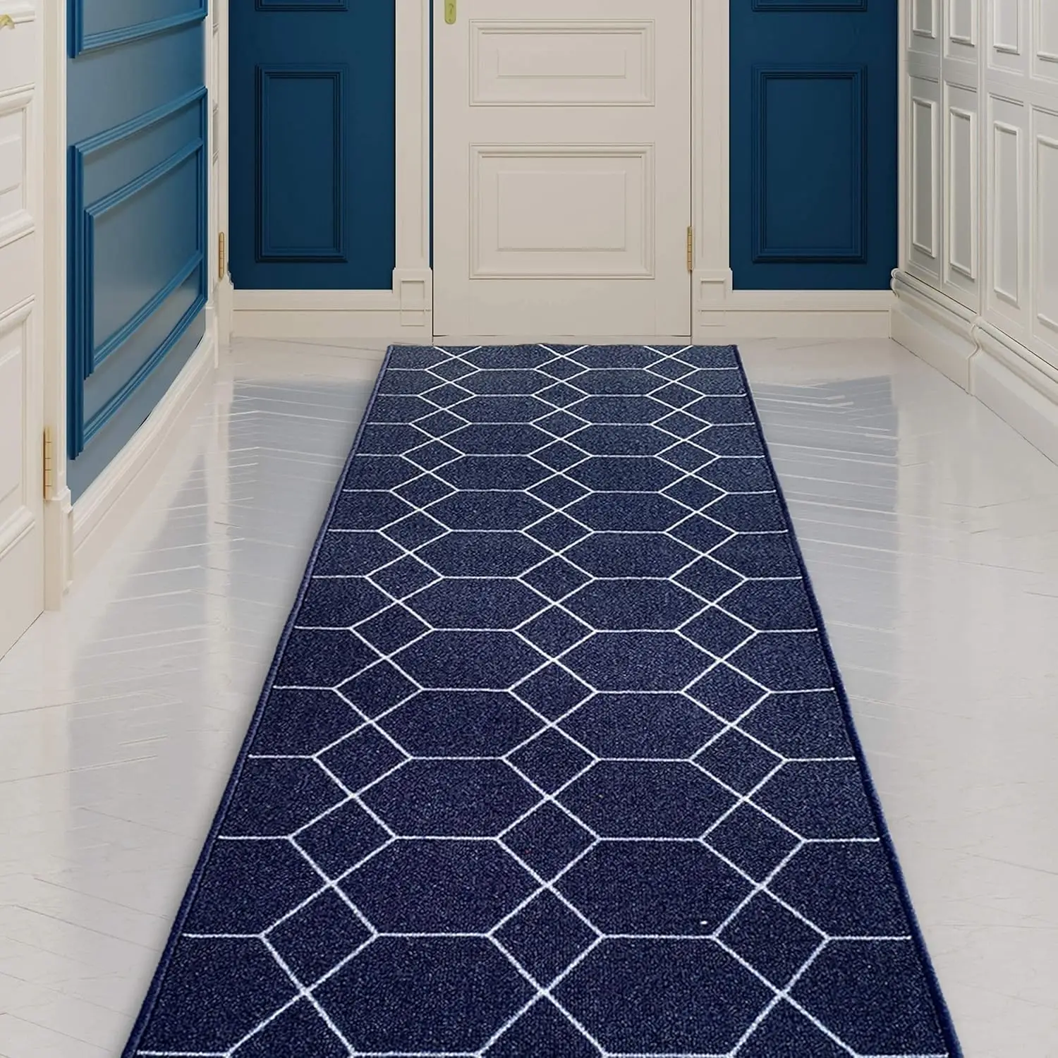 

Custom Runner Rug for Kitchen Foyer Hallway Entry 26 Inch Wide Geometric Lattice Design Dark Blue Color (11 feet x 26 inch)