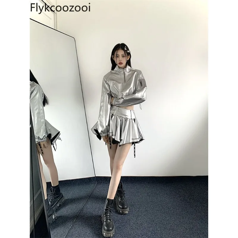 

Girls Y2k Luxury Long Sleeve Crop Top Pullover Women Spicy High-waisted Asymmetrical A-line Skirt Fall Chic Premium Silver Suit