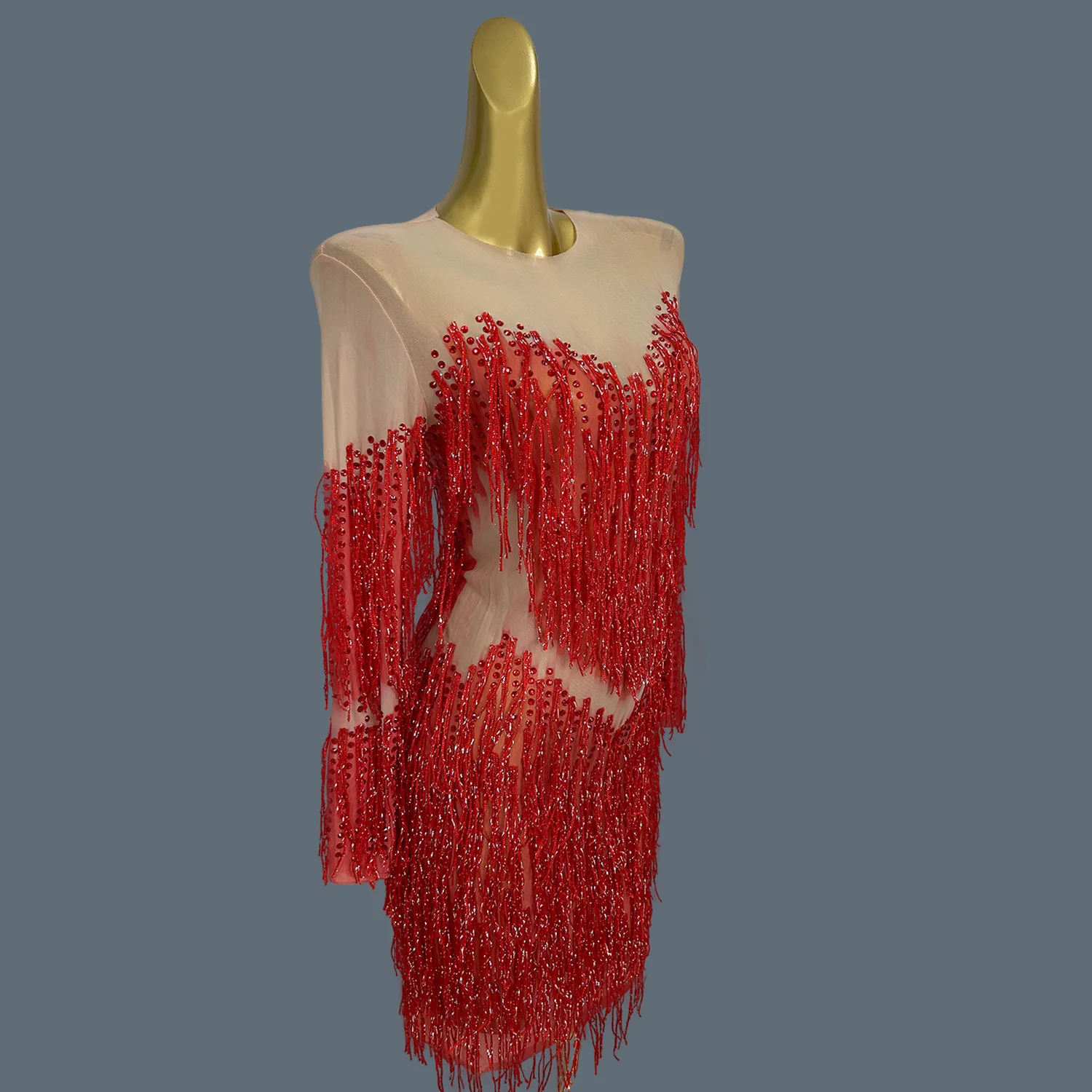 Women Sexy Tassel Long Sleeved Dress Celebrate Festival Evening Prom Elastic Ultra Short Dress Latin Dance Stage Show Costume