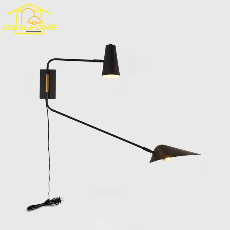 Imagem -06 - Industrial Led Lâmpada de Parede com Braço Oscilante Pólo Longo Parede Cabeça Dupla Sala de Estar Cabeceira Quarto Cobre Preto Branco Ouro E27