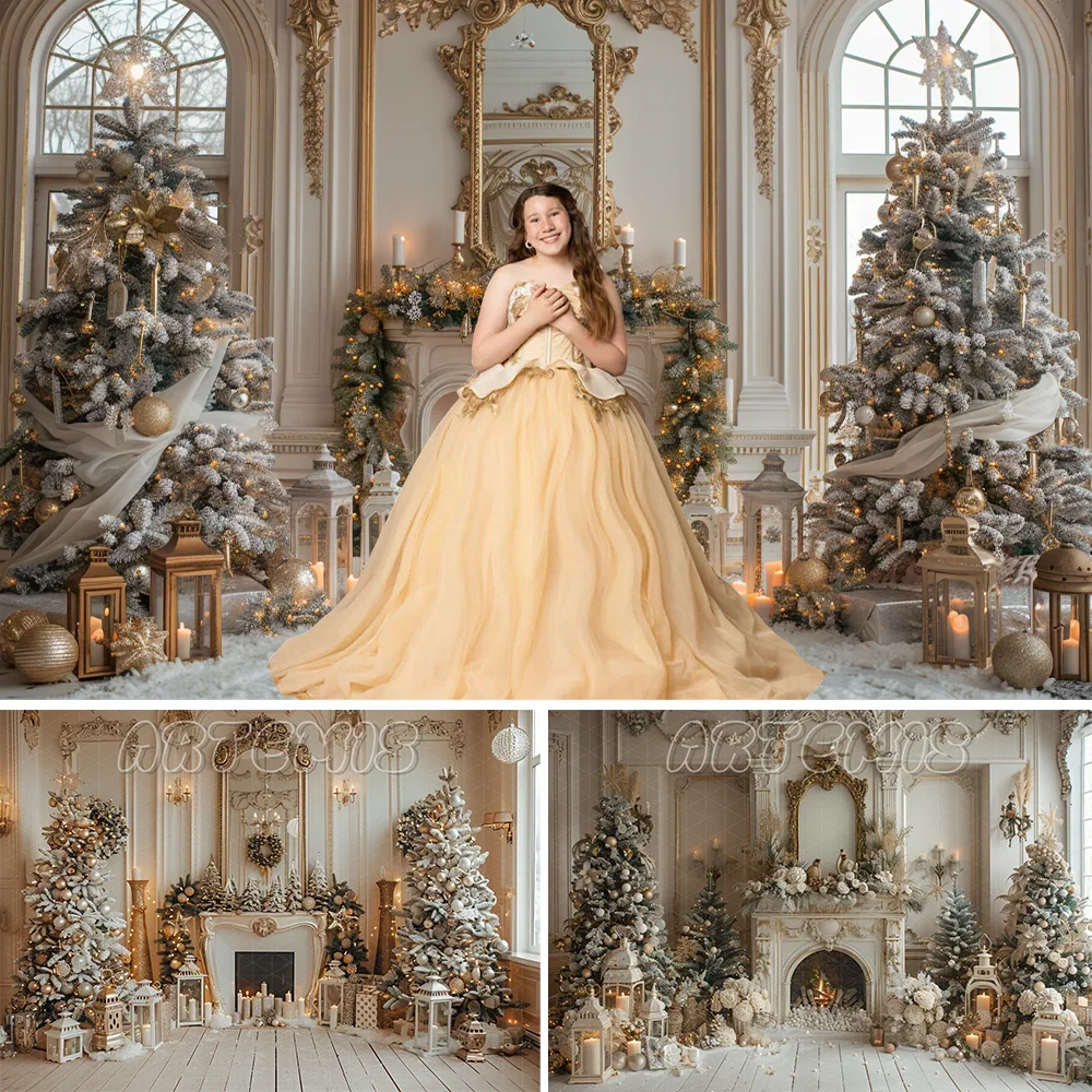 Christmas Backdrop White Trees Mirror Fireplace Silver Candles Lantern Wooden Floor Beige wall Background Photo Studio Photocall