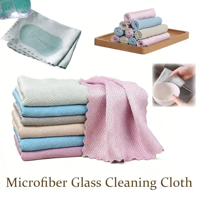

10pcs Microfiber Glass Cleaning Cloth Rag Lint-Free for Windows Car Kitchen Mirror No Trace Reusable Fish Scale Rag Polishing