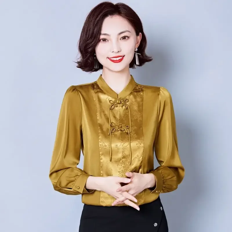 

Stand Collar Shirt Imitation Silk Women's Long Sleeve Autumn New Mother's Shirt New Chinese Style Guofeng Panbutton Top