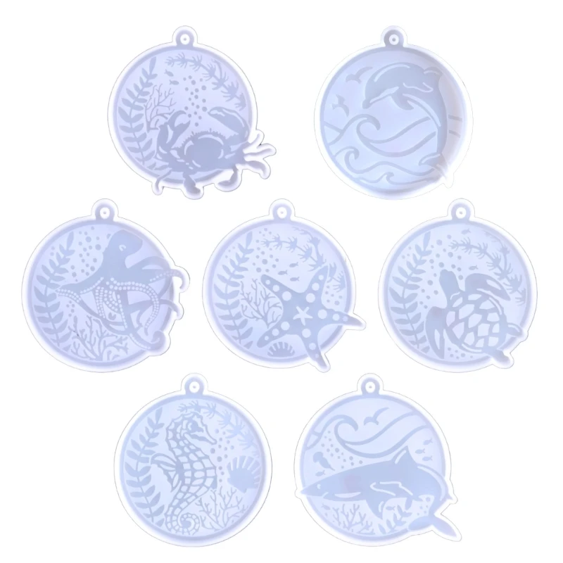 R3MC Round Keychain Glue Drop Mould Diy Marine Animal Hippocampus Octopuses Whale  Pendant Silicone Mould for Crafts