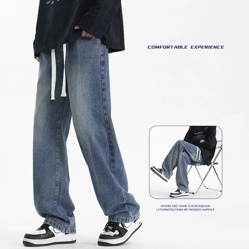 

Teenagers High Street Jeans Spring and Summer Straight Nostalgic Blue Casual Breathable Comfortable Versatile Wide-leg Pants