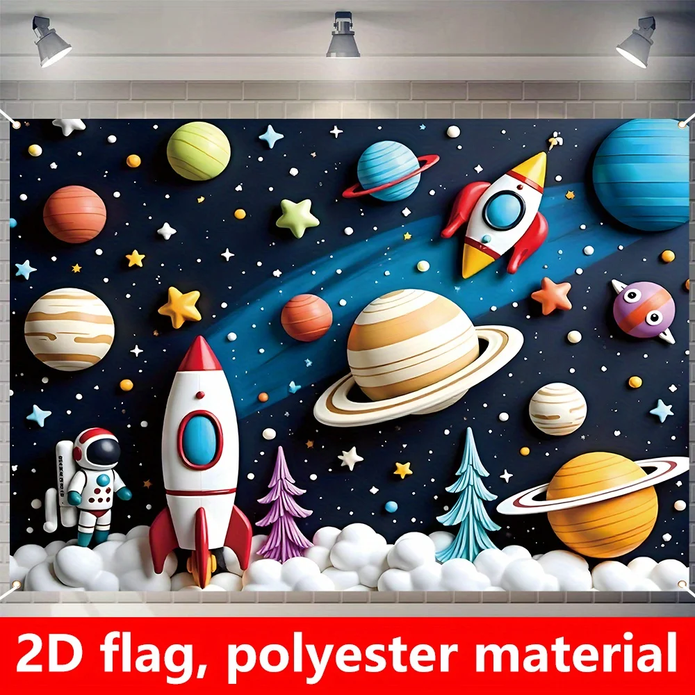 Space Rocket Tapestry - 3D Cartoon Solar System & Astronaut, Kids Room Wall Decor, Boys Nursery & Playroom, Multiple Sizes