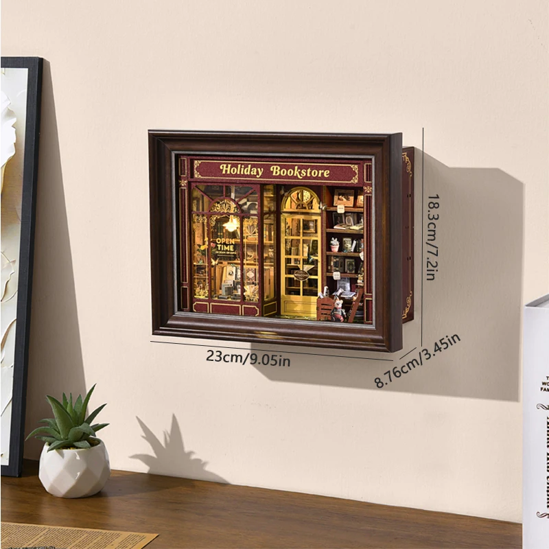 بيت الدمية DIY مع رف الكتب الخفيف LED إدراج اليدوية ثلاثية الأبعاد لغز خشبي صغير دمية إطار الصورة زخرفة لهدايا عيد الميلاد #6